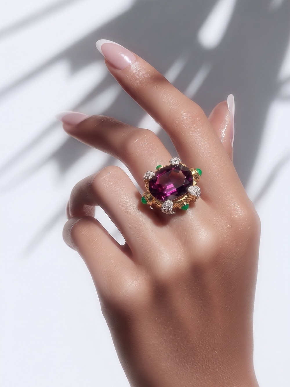 Catwalk Jon Gold Ring with Purple amethyst Center Stone and Green Accents